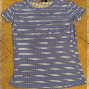 Blue and white striped shirt.